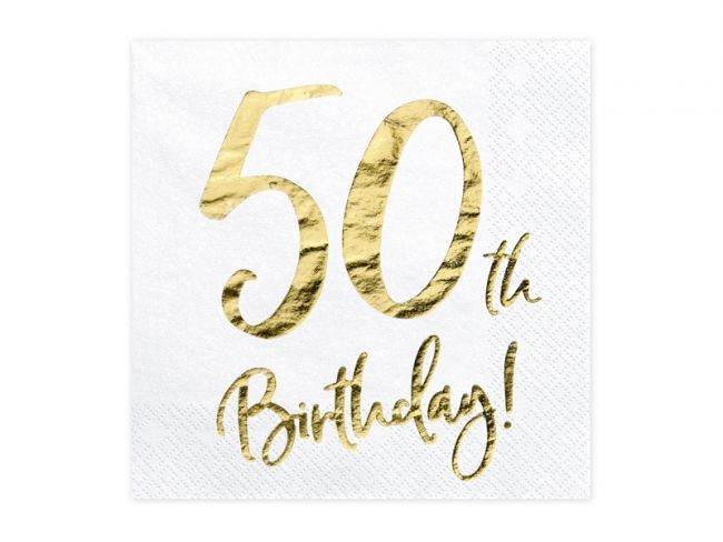 Iso valkoinen lautasliina "50th Birthday!" kultafoliotekstillä, 20 kpl
