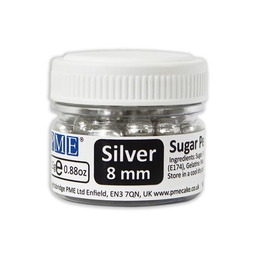 Syötävä sokerihelmi 8 mm, hopea 25g - PME