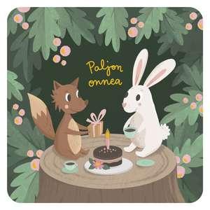 Onnittelukortti neliö "Paljon onnea" pupu ja orava