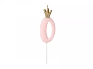 Kakkukynttilä numero 0 vaaleanpunainen kultaglitter kruunulla, 9,5 cm