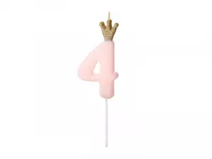 Kakkukynttilä numero 4 vaaleanpunainen kultaglitter kruunulla, 9,5 cm