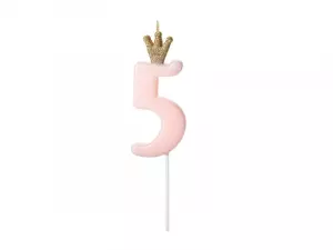 Kakkukynttilä numero 5 vaaleanpunainen kultaglitter kruunulla, 9,5 cm