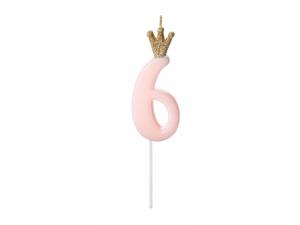 Kakkukynttilä numero 6 vaaleanpunainen kultaglitter kruunulla, 9,5 cm