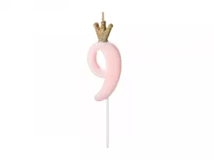 Kakkukynttilä numero 9 vaaleanpunainen kultaglitter kruunulla, 9,5 cm
