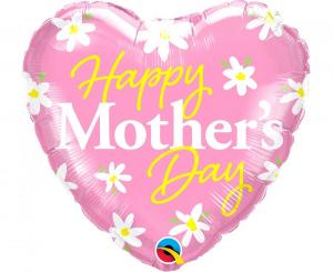 Foliopallo "Happy Mothers Day" vaaleanpunainen sydän kukilla, 46 cm