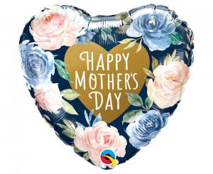 Foliopallo "Happy Mothers Day" sininen sydän vaaleanpunaisilla ja sinisillä ruusuilla, 46 cm