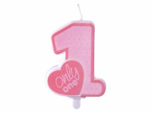 Kakkukynttilä numero 1 "Only one" vaaleanpunainen, 8 cm korkea