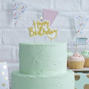Happy Birthday kakkukynttilä kultaglitter, 1 kpl