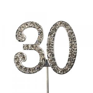 "30" hopeanvärinen kakunkoriste "timanteilla"