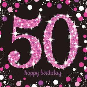 Lautasliina "50 Happy birthday" pinkki kimallus, 16 kpl
