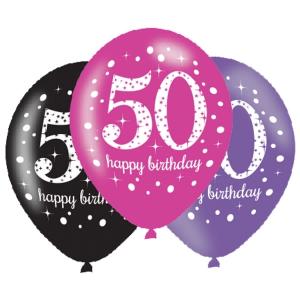 Ilmapallo musta-pinkki-violetti "50 Happy birthday" 6 kpl