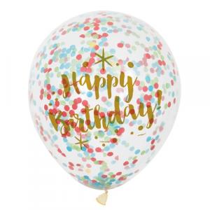 Kirkas ilmapallo "Happy Birthday", jossa täytteenä värikkäitä konfetteja, 6 kpl