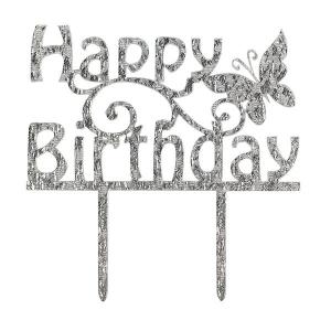 Kakunkoriste hopea kimaltava "Happy Birthday" perhosella
