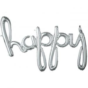 Hopeanvärinen "Happy" ilmapallobanneri