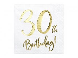 Iso valkoinen lautasliina "30th Birthday!" kultafoliotekstillä, 20 kpl