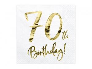 Iso valkoinen lautasliina "70th Birthday!" kultafoliotekstillä, 20 kpl