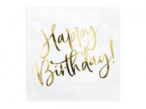 Iso valkoinen lautasliina "Happy Birthday!" kultafoliotekstillä, 20 kpl