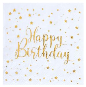 Happy Birthday kultafolio valkoiset lautasliinat, 20 kpl