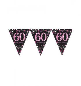 Lippuviiri "60 Happy birthday" pinkki kimallus, 4 m