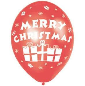 Ilmapallo punainen Merry Christmas tekstillä ja lahjapaketeilla, 6 kpl