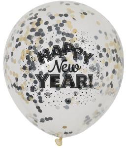 Ilmapallot "Happy New Year" konfeteilla, 6 kpl