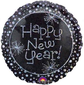 Foliopallo "Happy New Year" musta hopeilla koristeilla, 45 cm