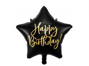 Foliopallo tähti musta kultaisella "Happy Birthday"-tekstillä