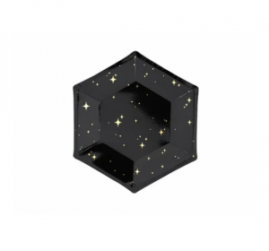 Pieni pahvilautanen kuusikulmainen musta kultaisilla tähdillä, 20 cm, 6 kpl