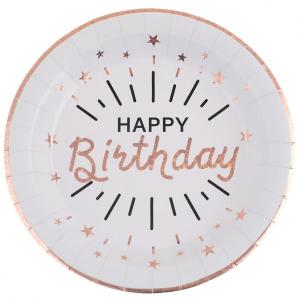Pahvilautanen ruusukullan ja mustan värinen Happy birthday teksti ja tähtiä, 22,5 cm, 10 kpl