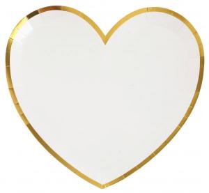 Sydänpahvilautanen valkoinen kultafolioreunuksella 22,5 x 20 cm, 10 kpl