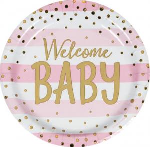 Welcome baby vaaleanpuna-valkoinen kultafoliopilkuilla pahvilautaset 23 cm, 8 kpl