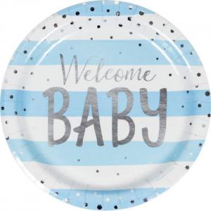 Welcome baby vaaleansini-valkoinen hopeafoliopilkuilla pahvilautaset 23 cm, 8 kpl