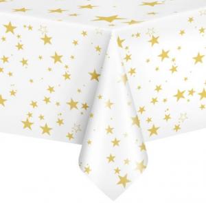 Muovinen pöytäliina valkoinen kultaisilla tähdillä, 137x274 cm