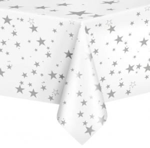 Muovinen pöytäliina valkoinen hopeisilla tähdillä, 137x274 cm