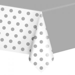 Muovinen pöytäliina hopea valkoisella reunuksella ja hopeisilla palloilla 137 x 274 cm