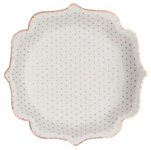 Valkoinen kuvioreunainen pahvilautanen ruusukultaisilla pilkuilla 21 cm, 10 kpl