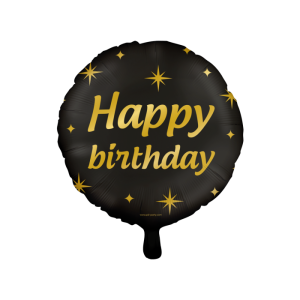 Foliopallo "Happy birthday" musta kultaisilla tähdillä 46 cm