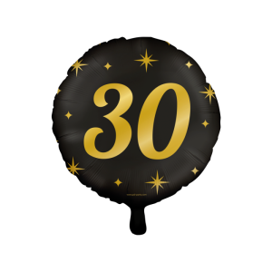 Foliopallo "30" musta kultaisilla tähdillä 46 cm