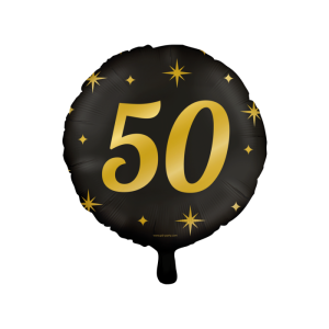 Foliopallo "50" musta kultaisilla tähdillä 46 cm