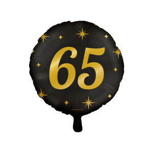 Foliopallo "65" musta kultaisilla tähdillä 46 cm
