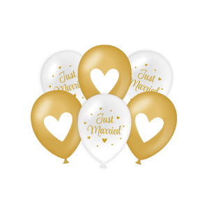 Ilmapallot "Just married" kulta + valkoinen, 6 kpl