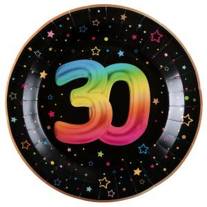 Pahvilautanen musta sateenkaarenvärisellä numerolla "30", 22,5 cm, 6 kpl