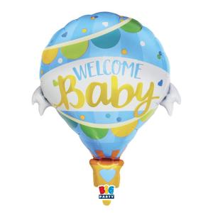 Foliopallo Welcome baby Vaaleansininen kuumailmapallo 64 x 78 cm