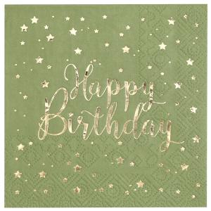 Happy Birthday kultafolio oliivinvihreät lautasliinat, 20 kpl