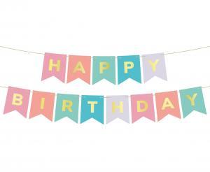 Happy Birthday banneri pastellinväriset liput, pituus n. 2 m