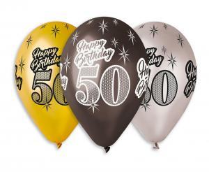 Ilmapallot "Happy birthday 50" musta+hopea+kulta, 6 kpl