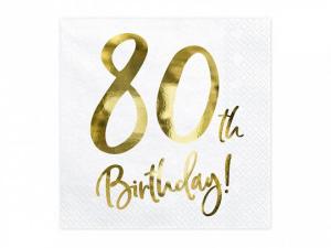 Iso valkoinen lautasliina "80th Birthday!" kultafoliotekstillä, 20 kpl