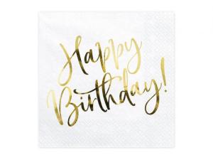Iso valkoinen lautasliina "Happy Birthday!" kultafoliotekstillä, 20 kpl