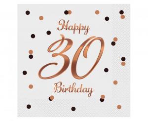 Iso valkoinen lautasliina "Happy 30 Birthday" ruusukultatekstillä, 20 kpl