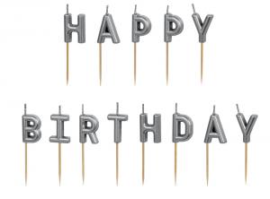Kakkukynttilät "Happy birthday" hopeat, 13 kpl